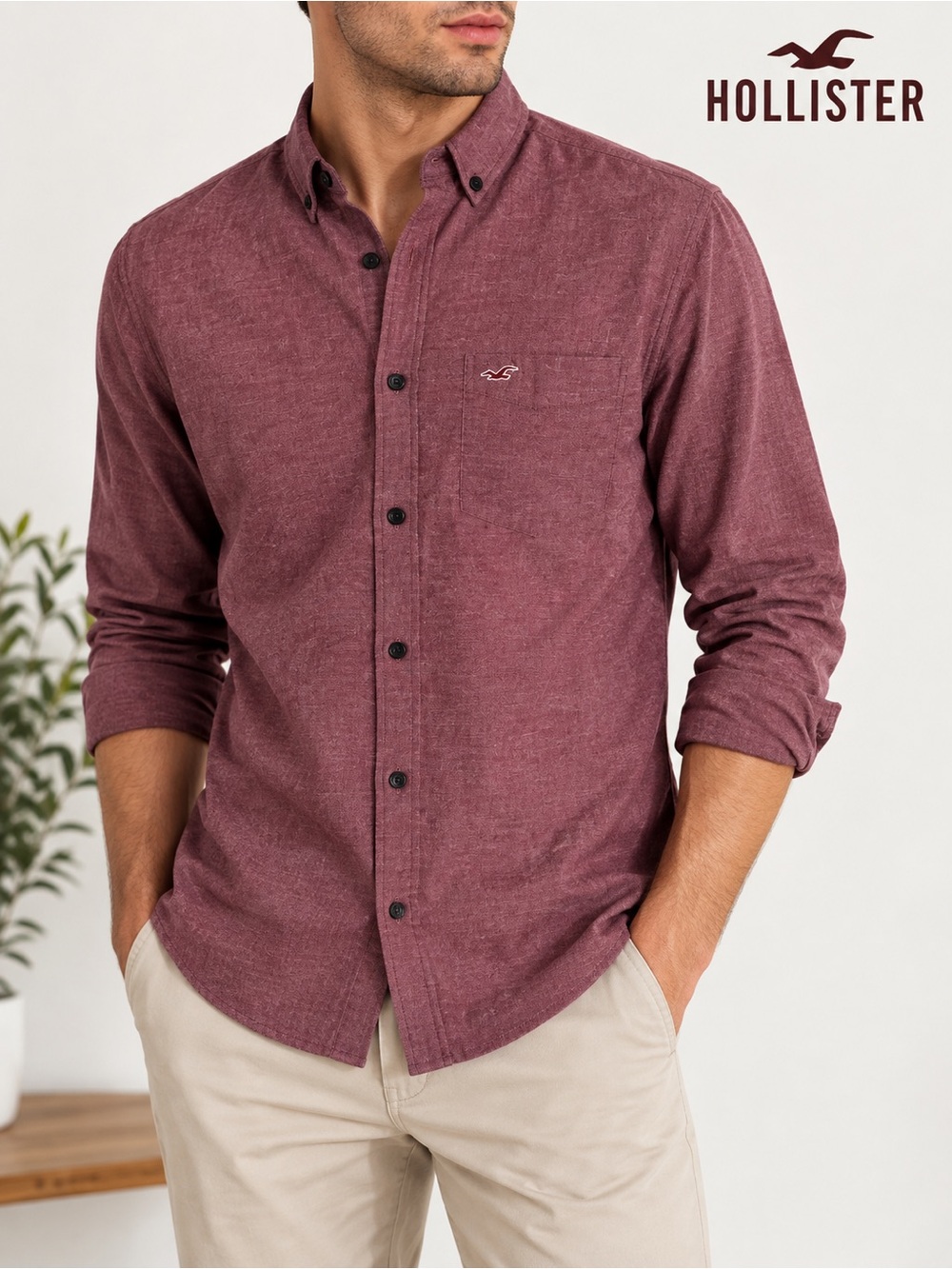 Hollister Men’s Burgundy Button Down Shirt Medium Epic Flex Stretch NWT